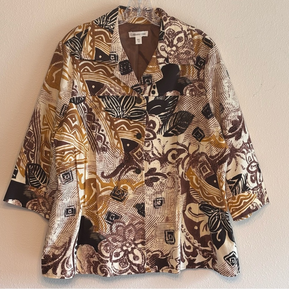 NWT Coldwater Creek Women's Wood Block Printed Jacket SZ 18 Gold Brown Black